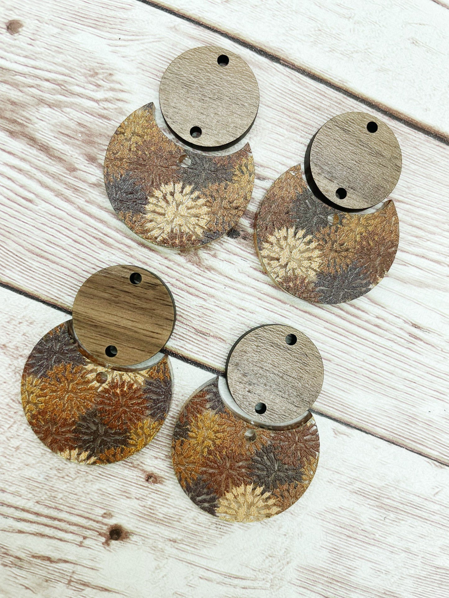 Patterned Brown Pom Acrylic and Wood Circle Set Earring Blanks, DIY Jewelry Making