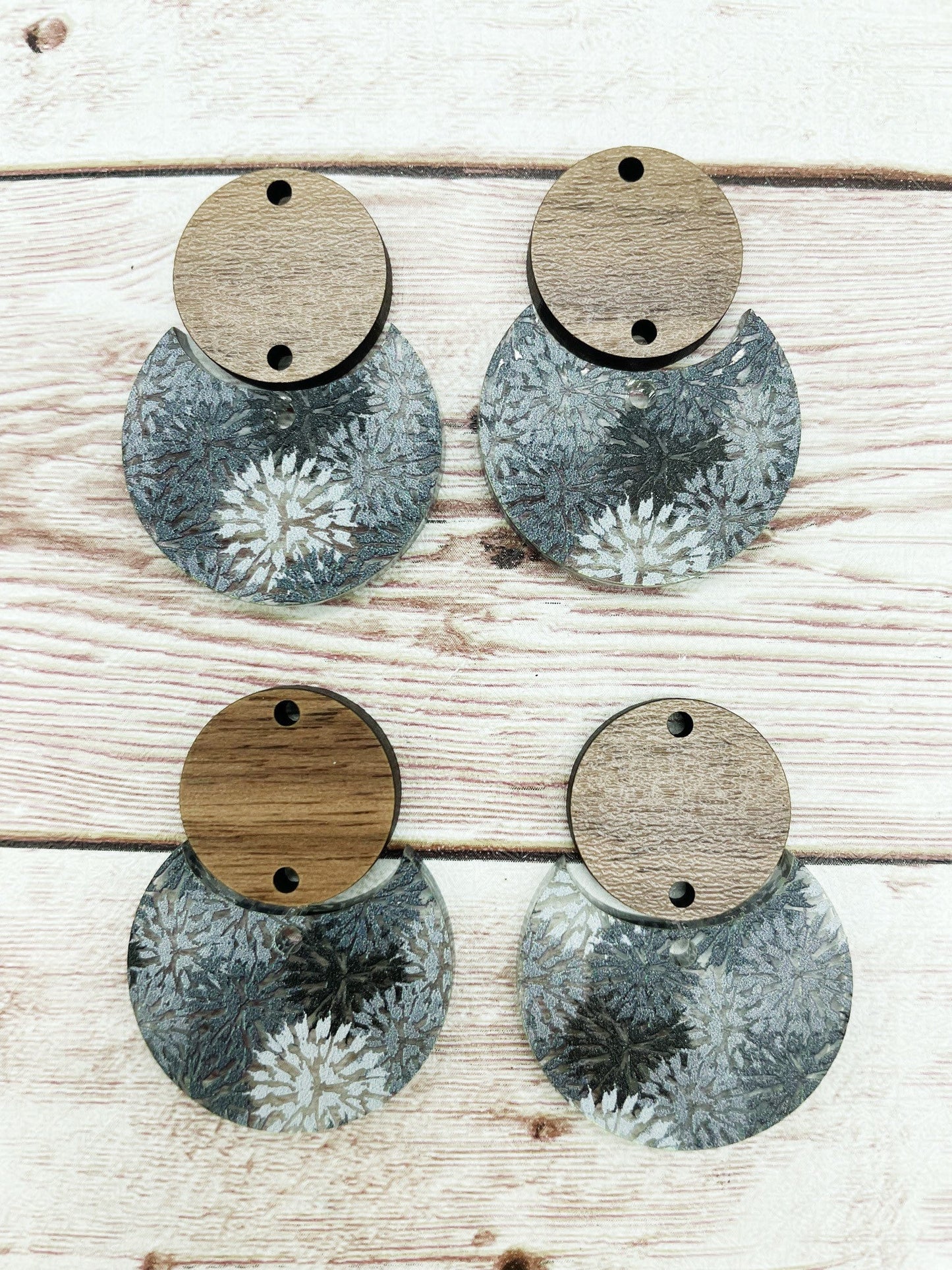 Patterned Grey Pom Acrylic and Wood Circle Set Earring Blanks, DIY Jewelry Making