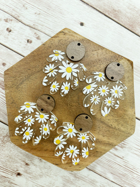 Scalloped Daisy Print Acrylic and Walnut Connector Earring Blanks, DIY Jewelry Making