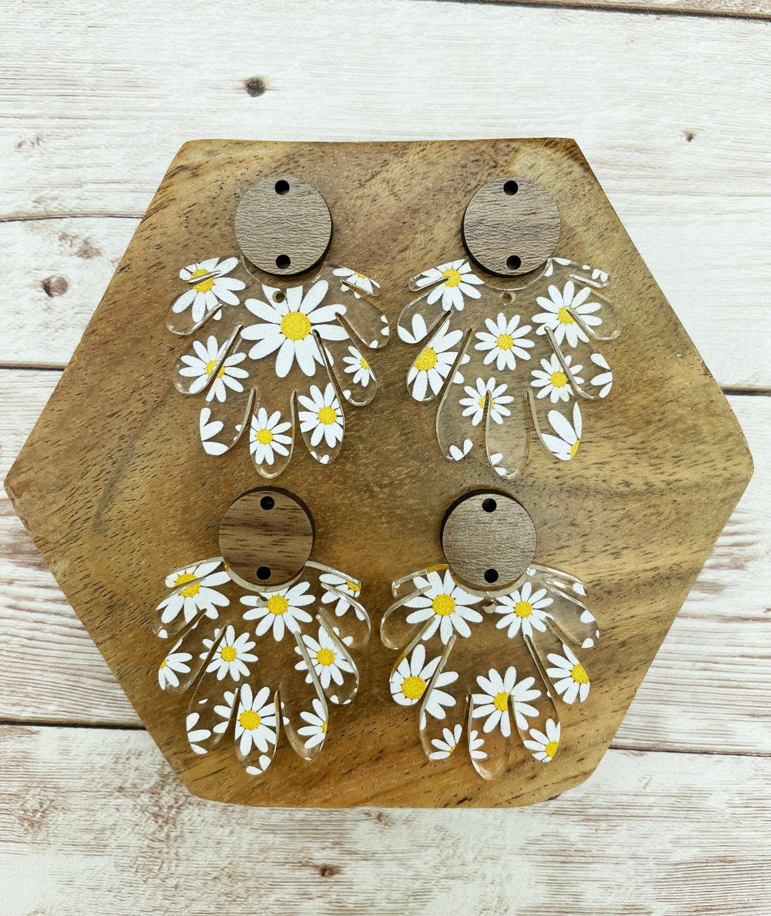 Scalloped Daisy Print Acrylic and Walnut Connector Earring Blanks, DIY Jewelry Making