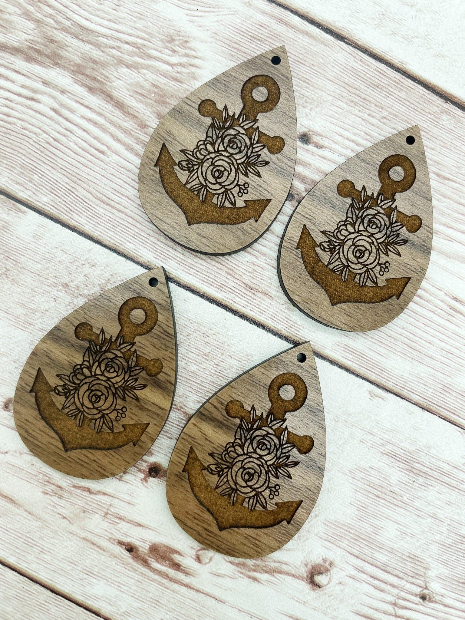 Wood Teardrop Engraved Floral Anchor Earring Blanks, Finished Walnut Blank, DIY Jewelry Making