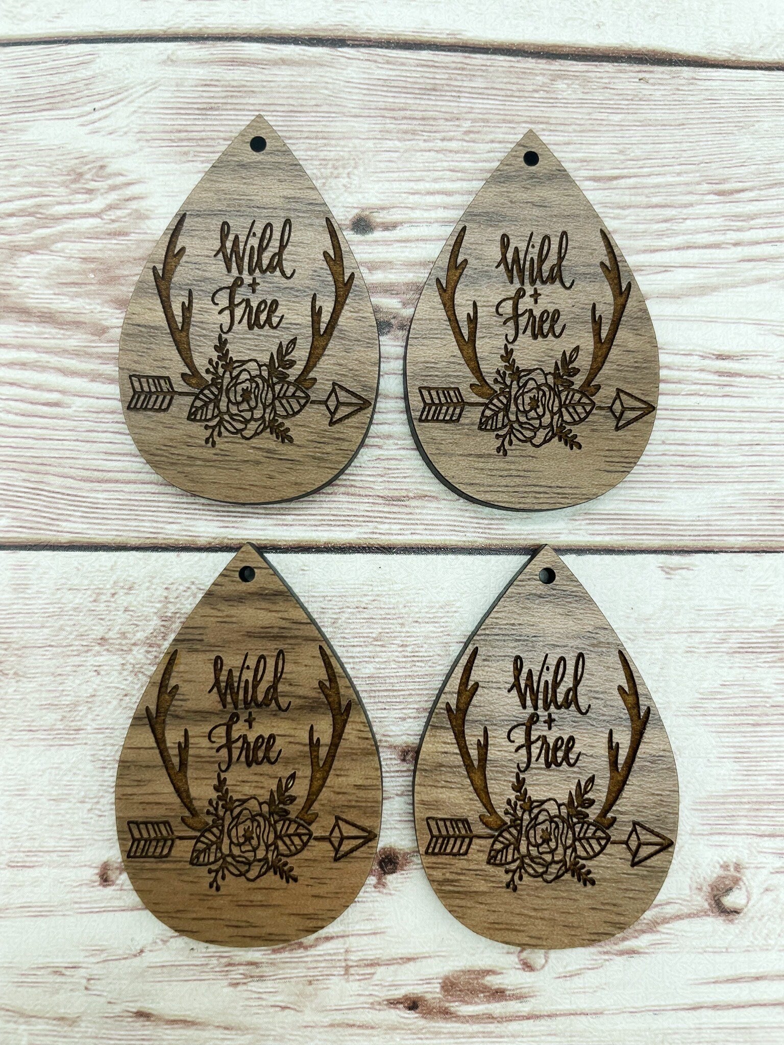 Wood Teardrop Engraved Wild and Free Floral Antler Earring Blanks, Finished Walnut Blank, DIY Jewelry Making