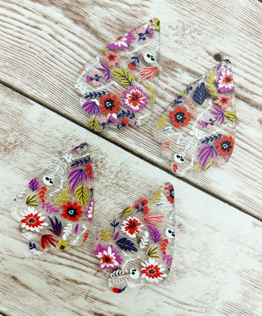 Floral Skeleton Print Ruffled Acrylic Teardrop Earring Blanks, DIY Jewelry Making