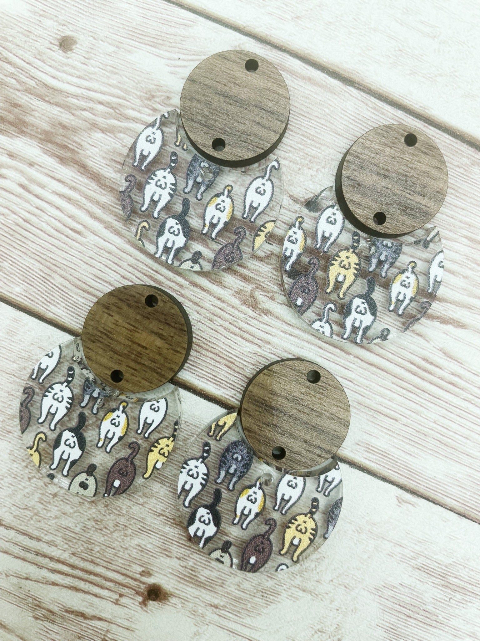 Patterned Cat Bottom Acrylic and Wood Circle Set Earring Blanks, DIY Jewelry Making