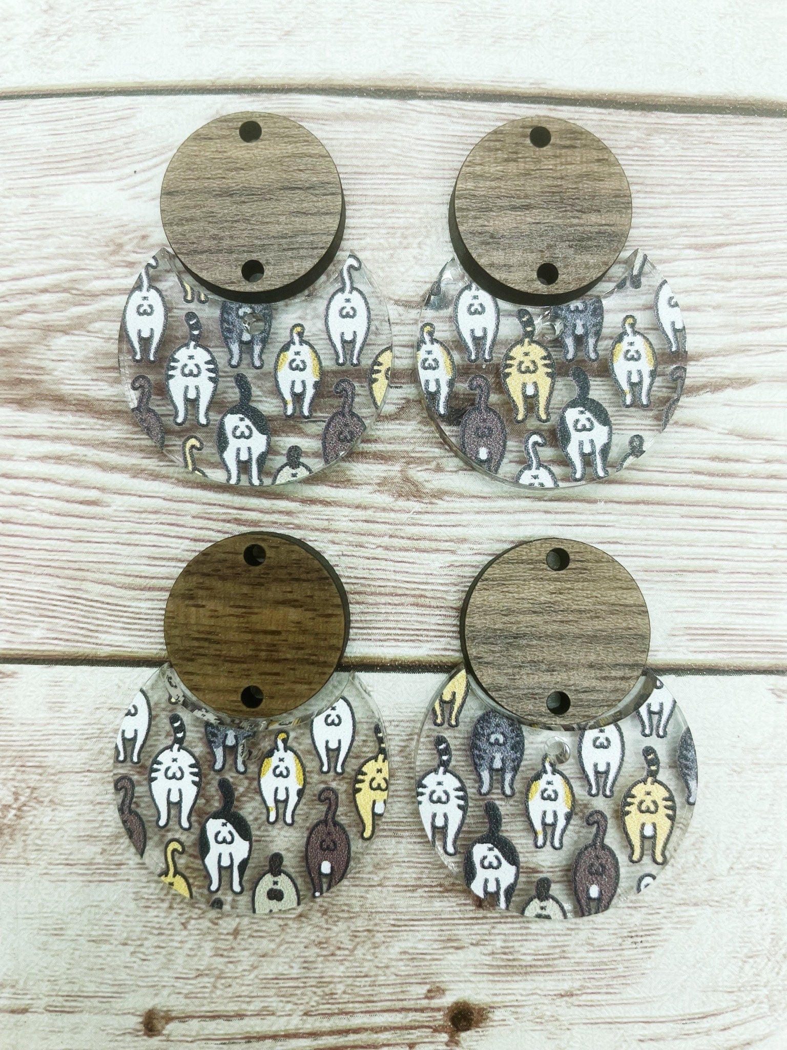 Patterned Cat Bottom Acrylic and Wood Circle Set Earring Blanks, DIY Jewelry Making