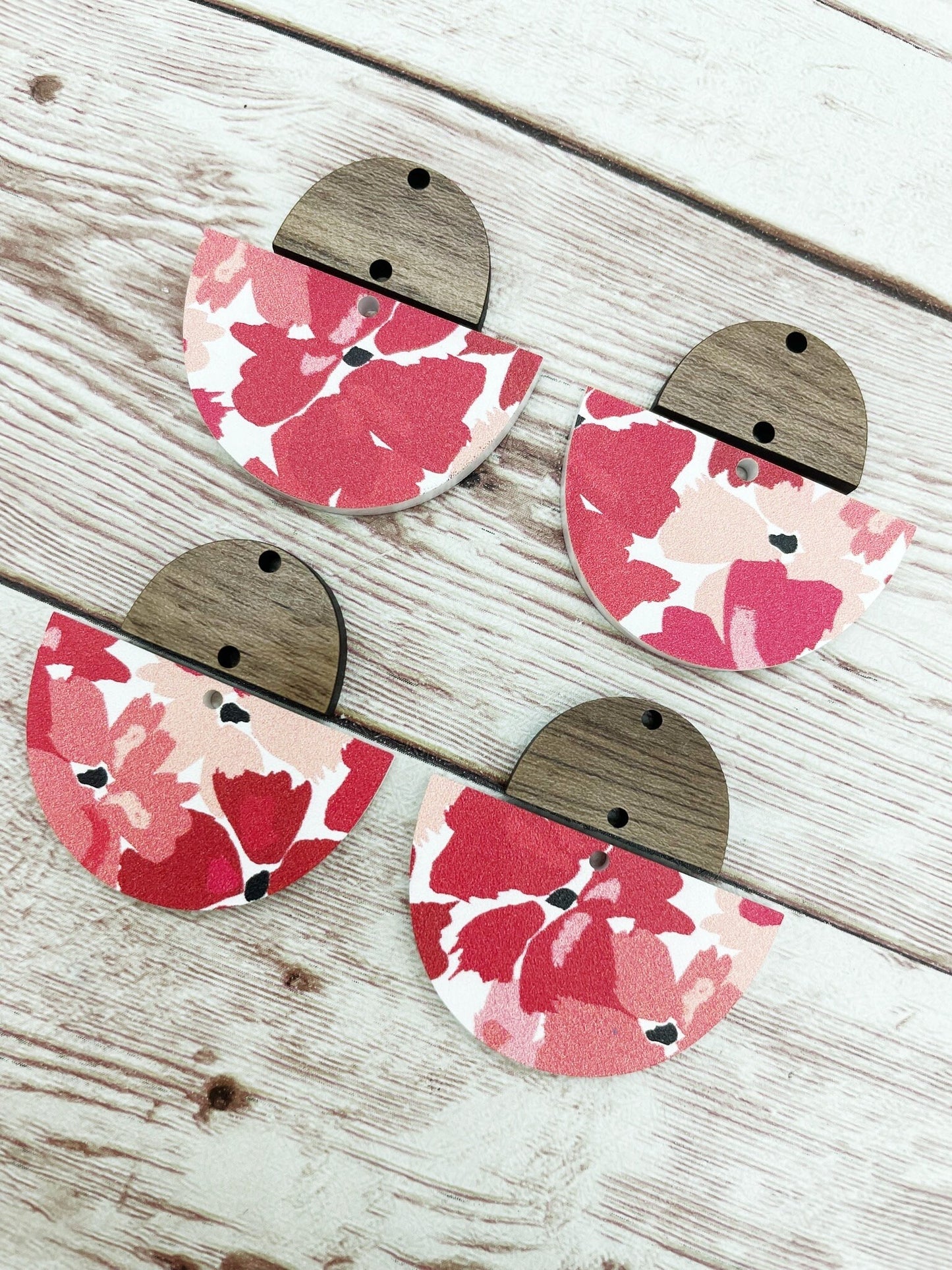 Pink and Red Floral Print Half Circle Acrylic and Wood Connector Set Earring Blanks, DIY Jewelry Making