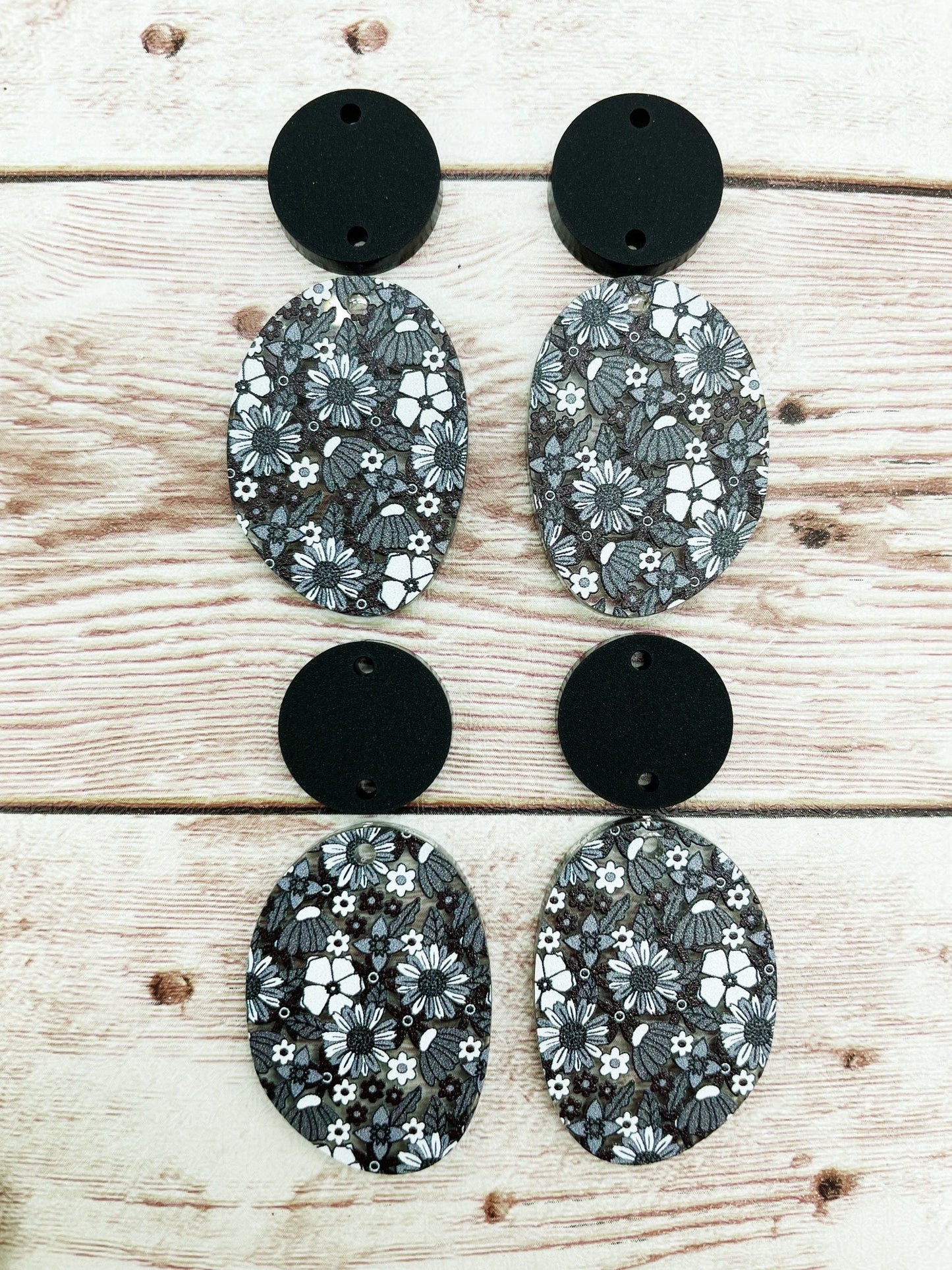 Grey 70s Floral Acrylic and Black Acrylic Connector Set Earring Blanks, DIY Jewelry Making