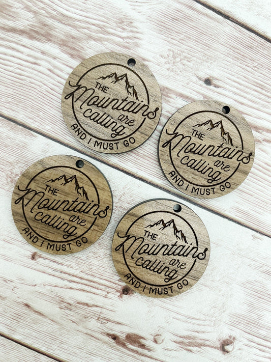 Wood Circle Engraved Mountains Are Calling Earring Blanks, Finished Walnut Blank, DIY Jewelry Making