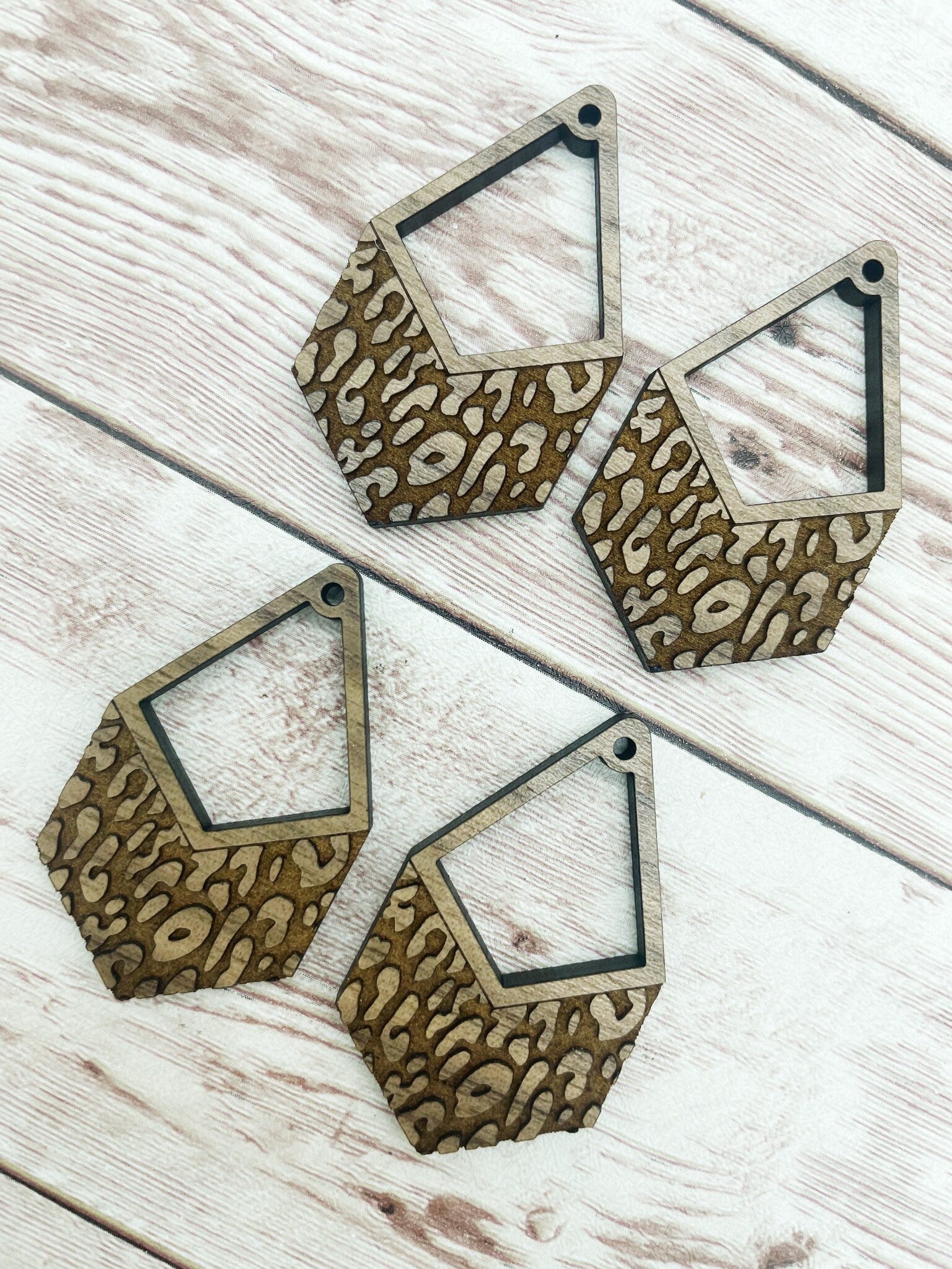 Wood Engraved Leopard Print Open Diamond Earring Blanks, Finished Walnut Blank, DIY Jewelry Making