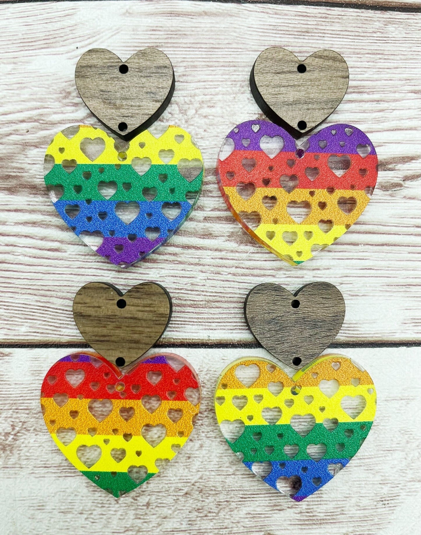 Rainbow Heart Acrylic and Wood Heart Connector Set Earring Blanks, DIY Jewelry Making