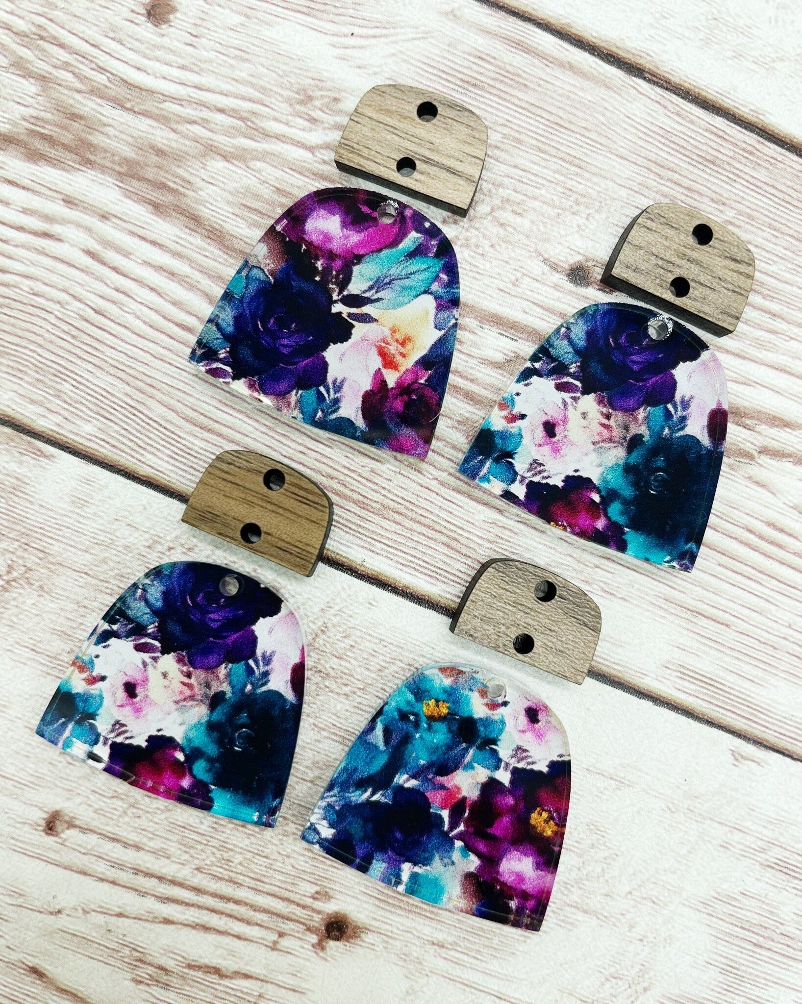 Plum Teal Floral Print Acrylic Arch and Wood Connector Set Earring Blanks, DIY Jewelry Making