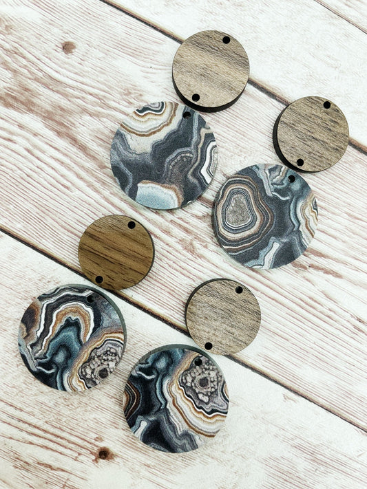 Geode Print Acrylic and Wood Circle Set Earring Blanks, DIY Jewelry Making