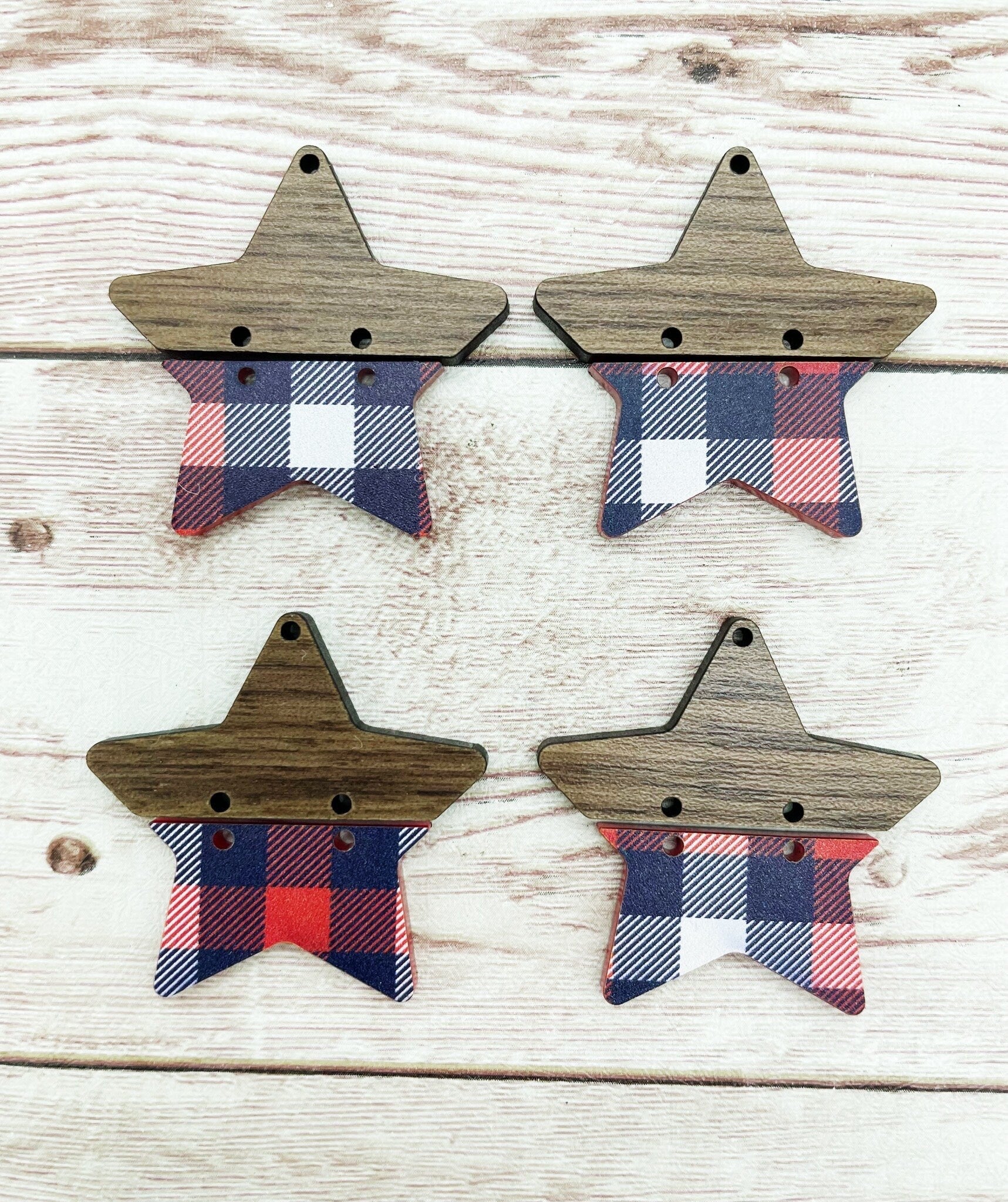 Patriotic Plaid Acrylic and Wood Star Earring Blanks, DIY Jewelry Making