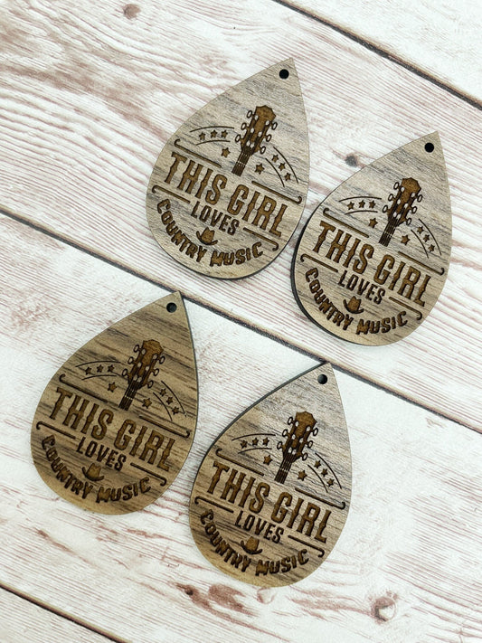 Wood Teardrop Engraved This Girl Loves Country Music Earring Blanks, Finished Walnut Blank, DIY Jewelry Making