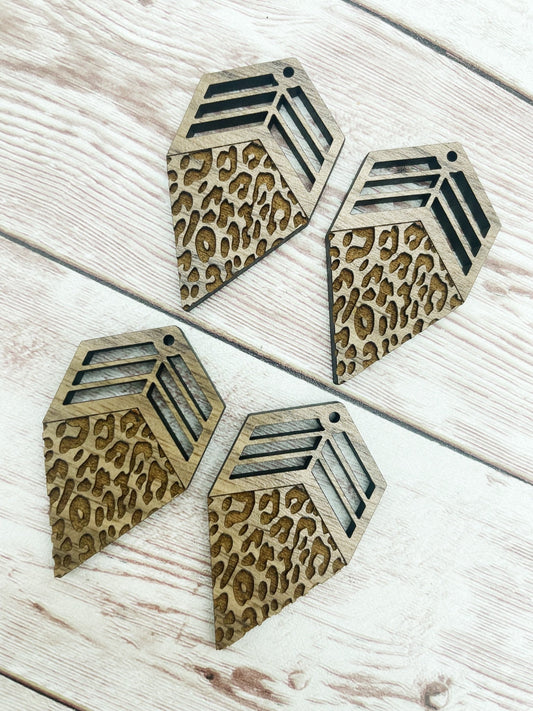 Wood Engraved Leopard Print Reverse Diamond Earring Blanks, Finished Walnut Blank, DIY Jewelry Making