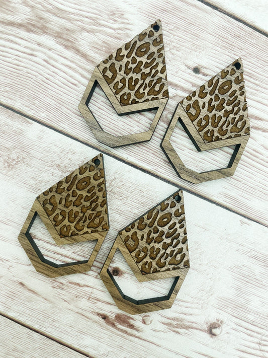 Wood Engraved Leopard Print Macrame Diamond Earring Blanks, Finished Walnut Blank, DIY Jewelry Making