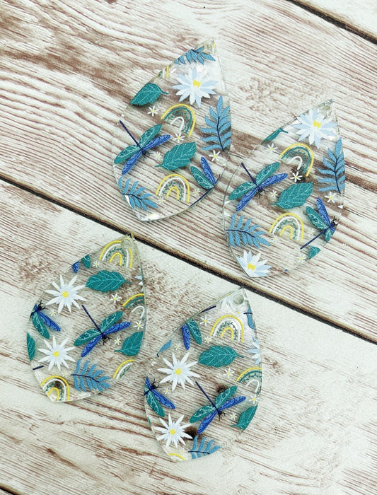 Patterned Dragonfly Rainbow Flower Print Acrylic Teardrop Earring Blanks, DIY Jewelry Making