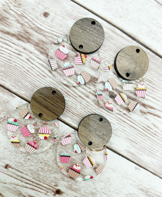 Patterned Cupcake Print Acrylic and Wood Circle Set Earring Blanks, DIY Jewelry Making