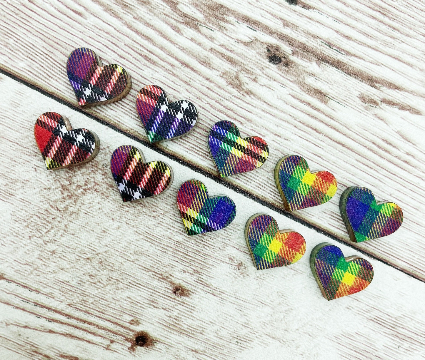 Rainbow Plaid Heart Stud Earring Blanks Set of 5 Pair DIY Jewelry Making