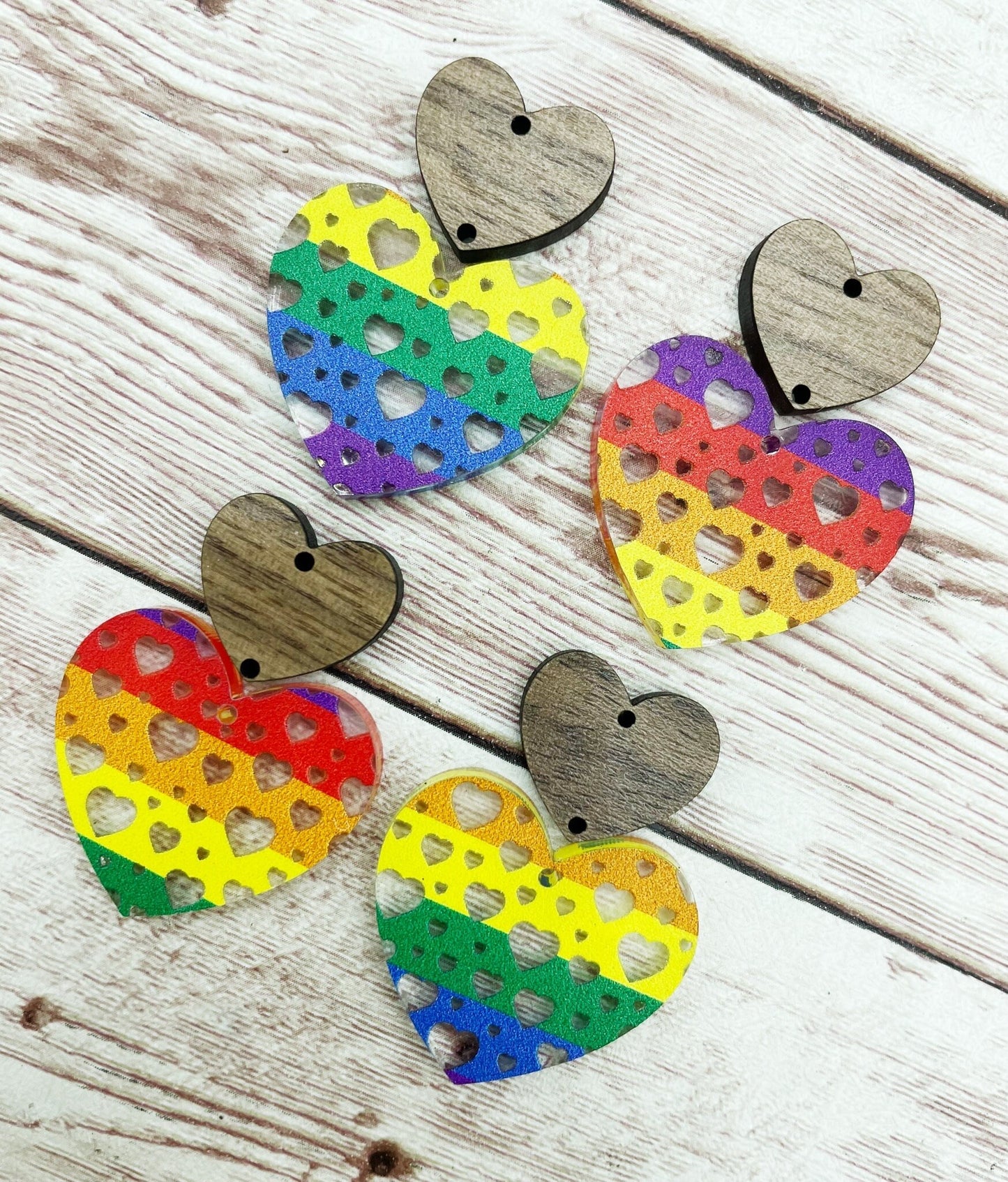 Rainbow Heart Acrylic and Wood Heart Connector Set Earring Blanks, DIY Jewelry Making