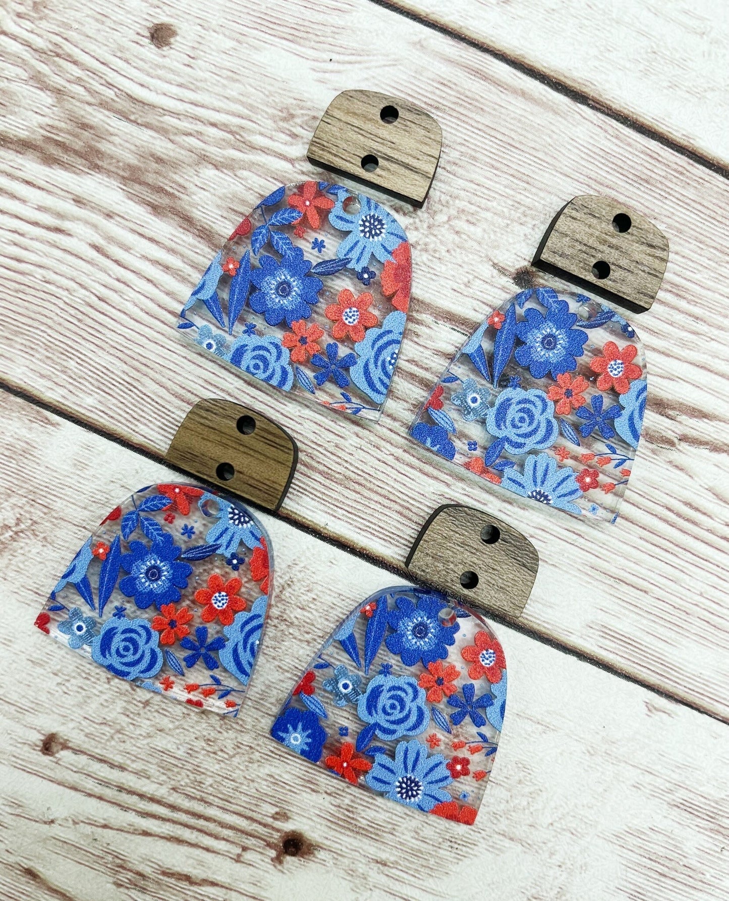 Red White Blue Floral Print Acrylic Arch and Wood Connector Set Earring Blanks, DIY Jewelry Making