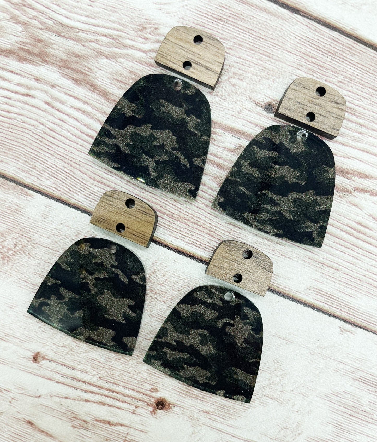Camoflauge Camo Print Acrylic Arch and Wood Connector Set Earring Blanks, DIY Jewelry Making
