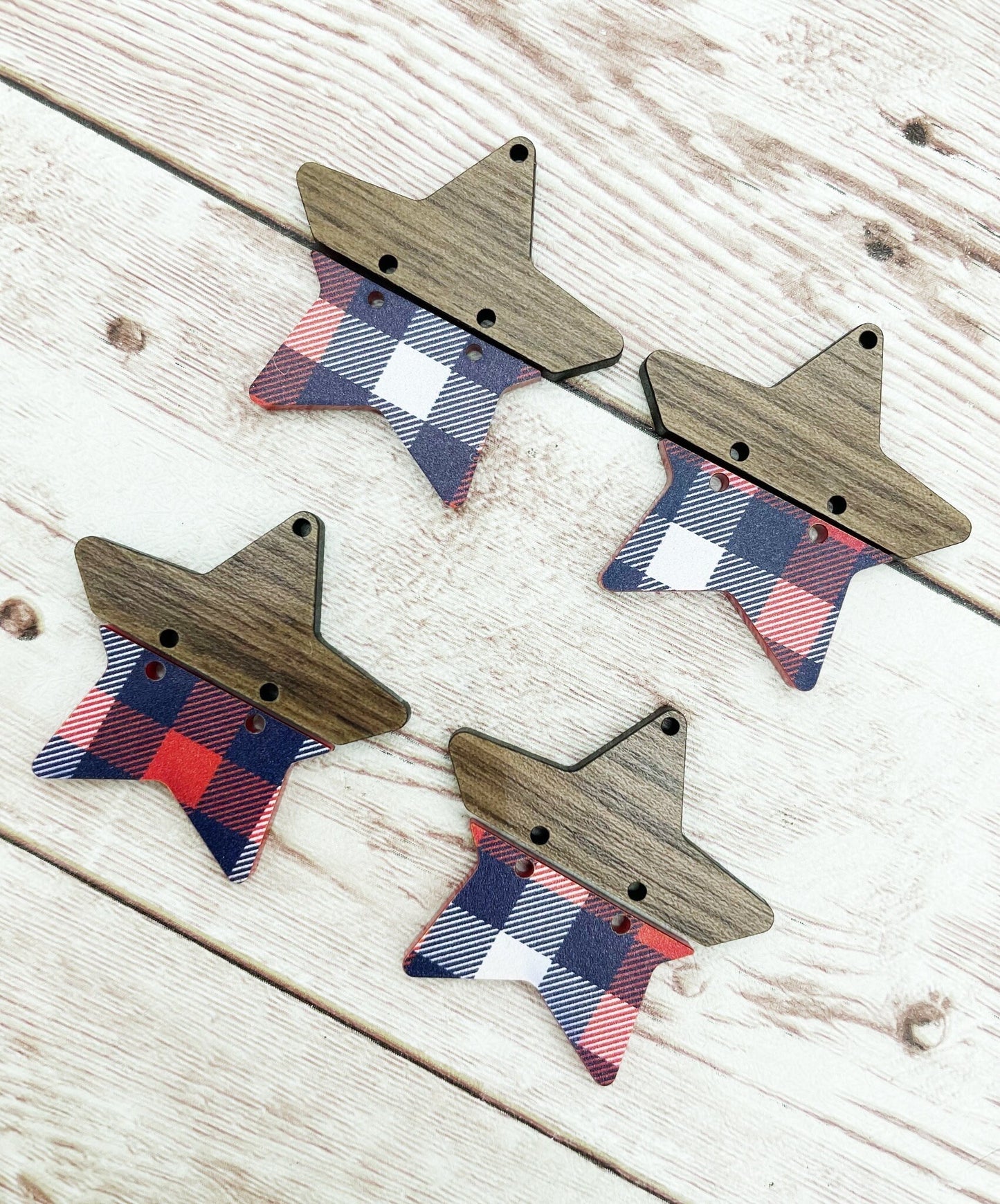 Patriotic Plaid Acrylic and Wood Star Earring Blanks, DIY Jewelry Making