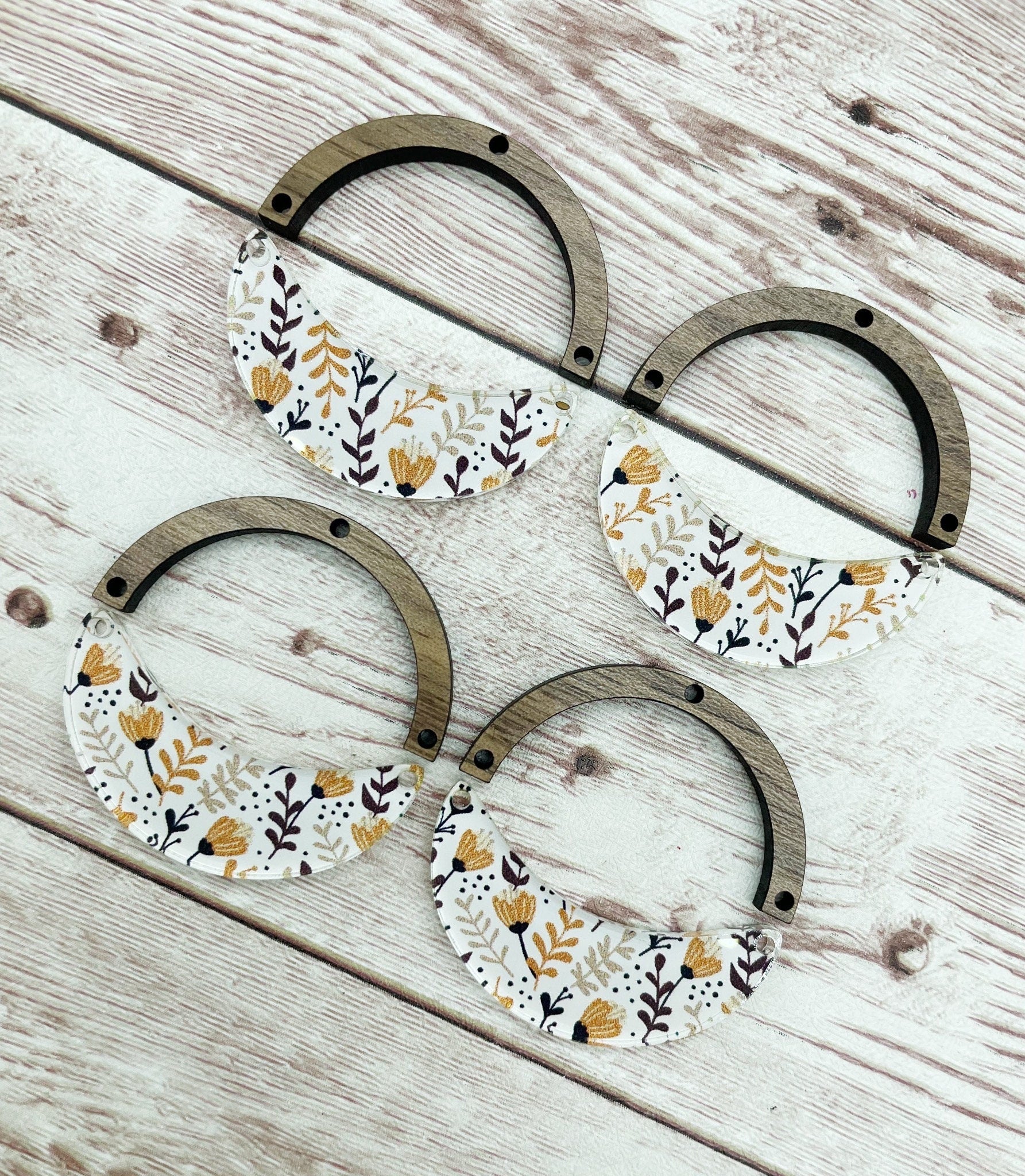 Patterned Fall Floral Acrylic and Wood Arch Crescent Earring Blanks, DIY Jewelry Making