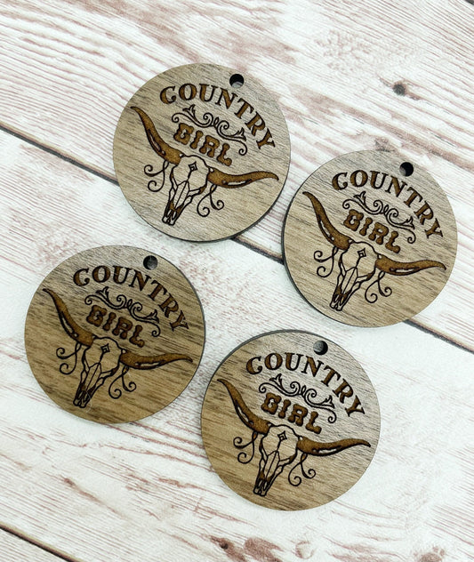 Wood Circle Engraved Country Girl Western Earring Blanks, Finished Walnut Blank, DIY Jewelry Making