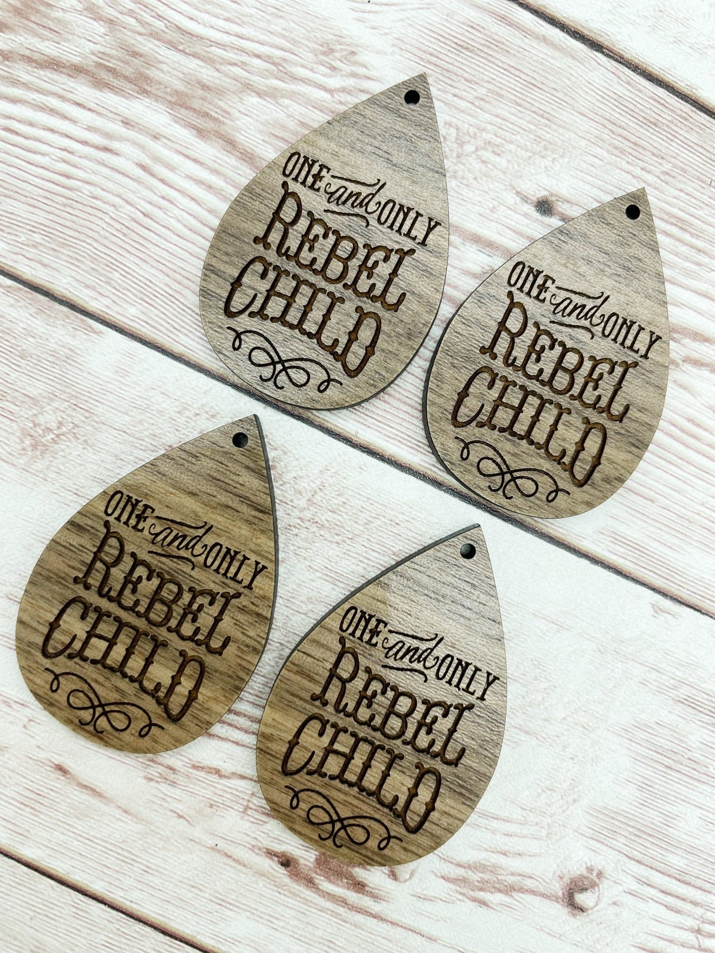 Wood Teardrop Engraved One and Only Rebel Child Earring Blanks, Finished Walnut Blank, DIY Jewelry Making