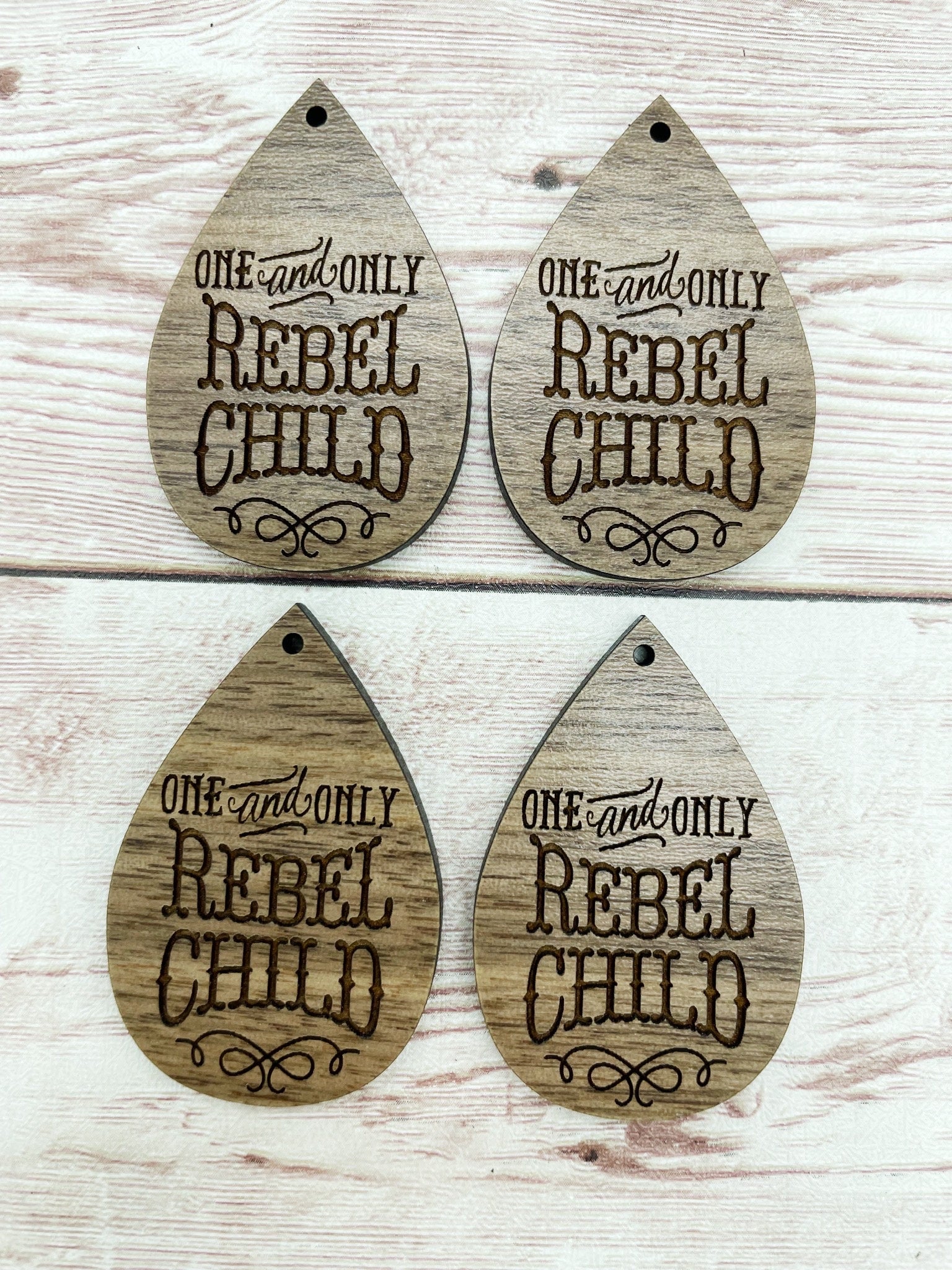 Wood Teardrop Engraved One and Only Rebel Child Earring Blanks, Finished Walnut Blank, DIY Jewelry Making