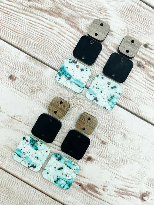 Green Splatter Acrylic Black Acrylic and Wood Square Trio Set Earring Blanks, DIY Jewelry Making