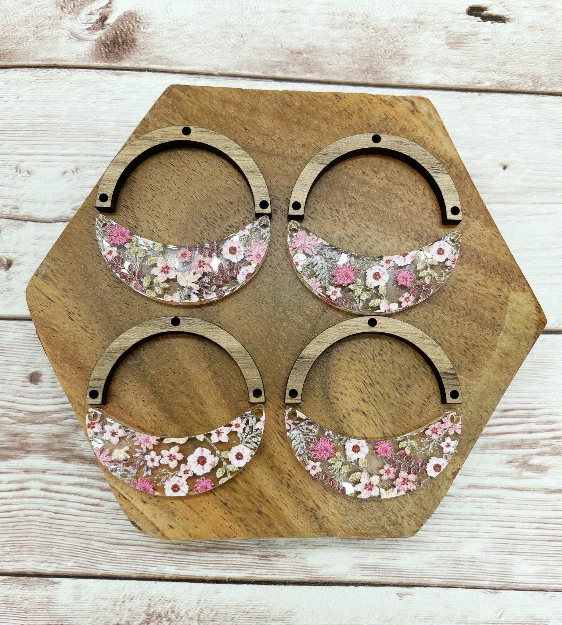 Dusty Floral Acrylic and Wood Arch Crescent Earring Blanks, DIY Jewelry Making