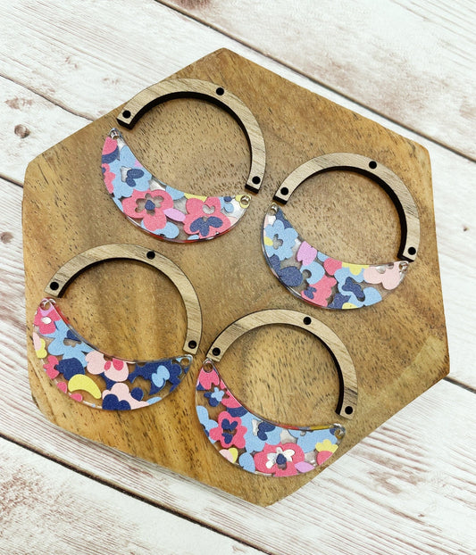 Multicolor Floral Acrylic and Wood Arch Crescent Earring Blanks, DIY Jewelry Making