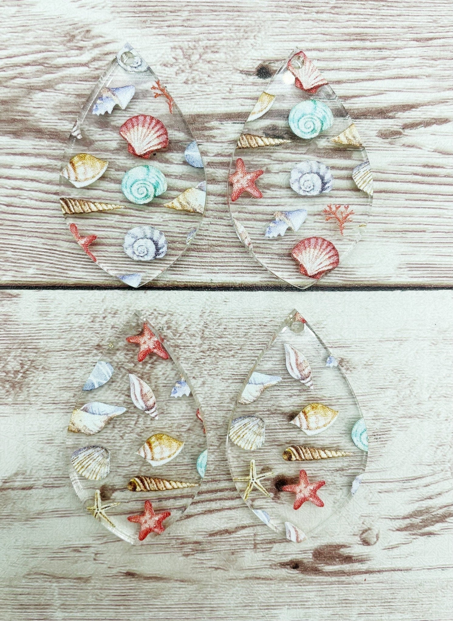 Patterned Seashell Beach Ocean Print Acrylic Teardrop Earring Blanks, DIY Jewelry Making