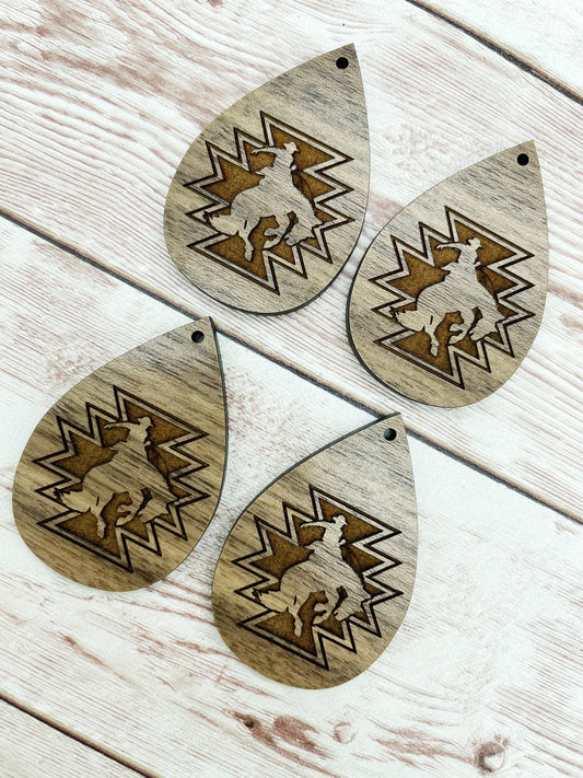 Wood Teardrop Engraved Aztec Rodeo Cowboy Earring Blanks, Finished Walnut Blank, DIY Jewelry Making