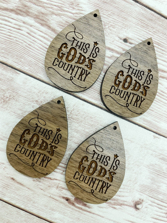 Wood Teardrop Engraved This is God’s Country Earring Blanks, Finished Walnut Blank, DIY Jewelry Making