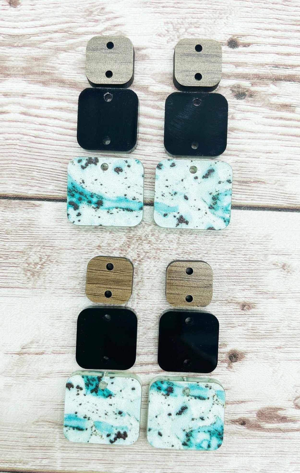 Green Splatter Acrylic Black Acrylic and Wood Square Trio Set Earring Blanks, DIY Jewelry Making