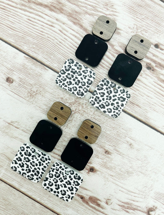 Snow Leopard Acrylic Black Acrylic and Wood Square Trio Set Earring Blanks, DIY Jewelry Making