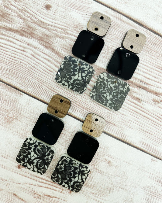 Ivory Lace Acrylic Black Acrylic and Wood Square Trio Set Earring Blanks, DIY Jewelry Making