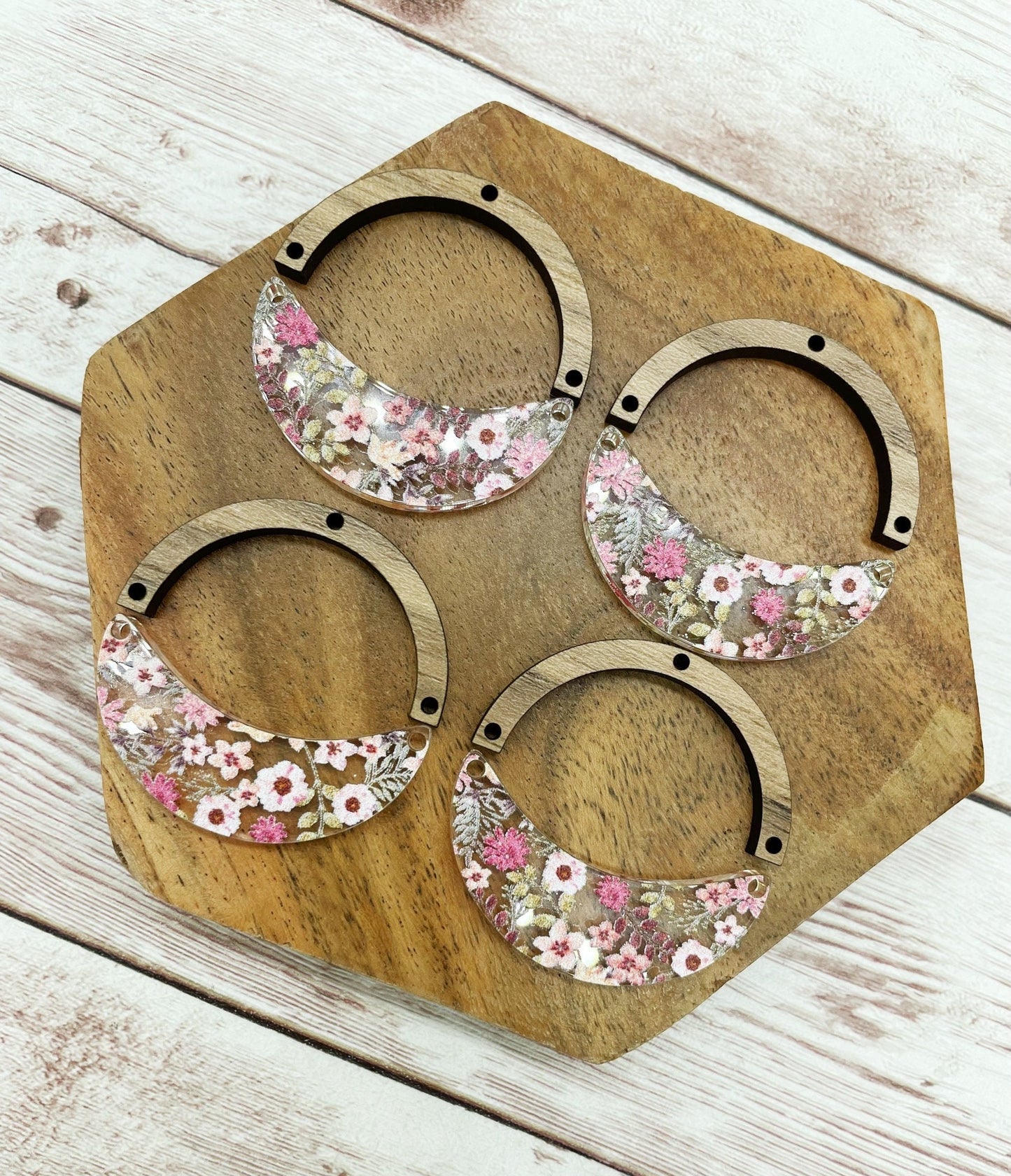 Dusty Floral Acrylic and Wood Arch Crescent Earring Blanks, DIY Jewelry Making