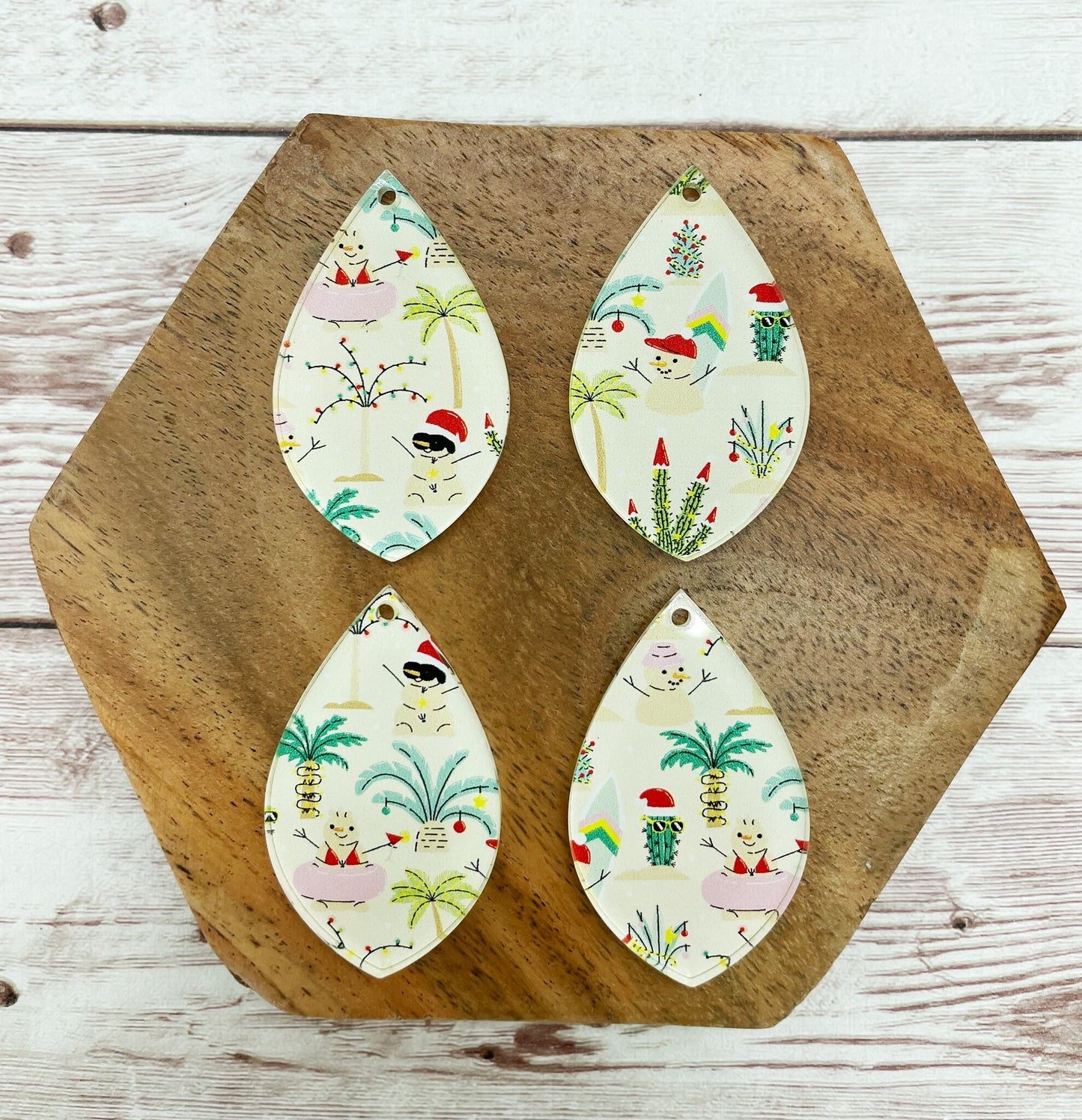 Patterned Tropical Christmas Snowman Print Acrylic Teardrop Earring Blanks, DIY Jewelry Making