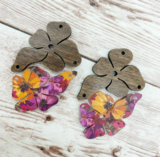 Wood and Plum Orange Floral Flower Set Earring Blanks, DIY Jewelry Making