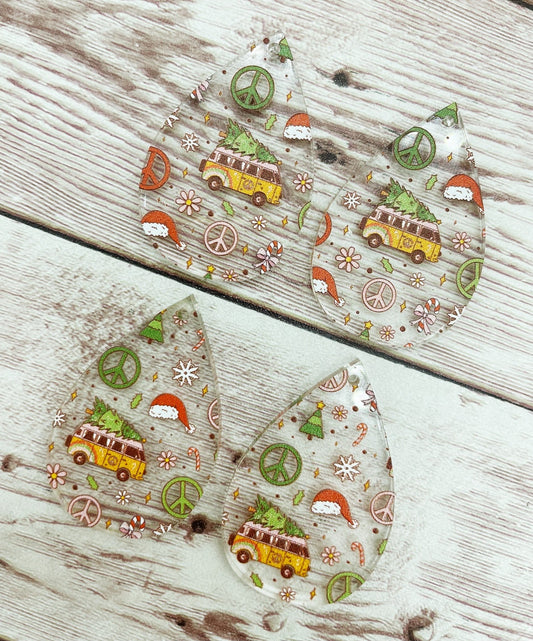 Patterned Hippie Print Christmas Van Acrylic Teardrop Earring Blanks, DIY Jewelry Making