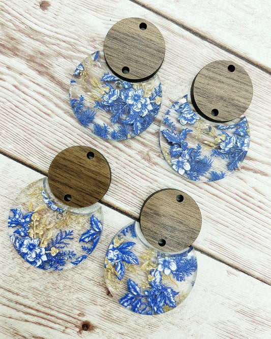 Patterned Blue Vintage Christmas Holiday Floral Acrylic and Wood Circle Set Earring Blanks, DIY Jewelry Making