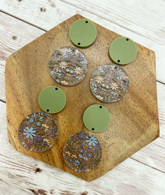 Green Blue Purple Floral Print Acrylic and Olive Green Acrylic Circle Set Earring Blanks, DIY Jewelry Making