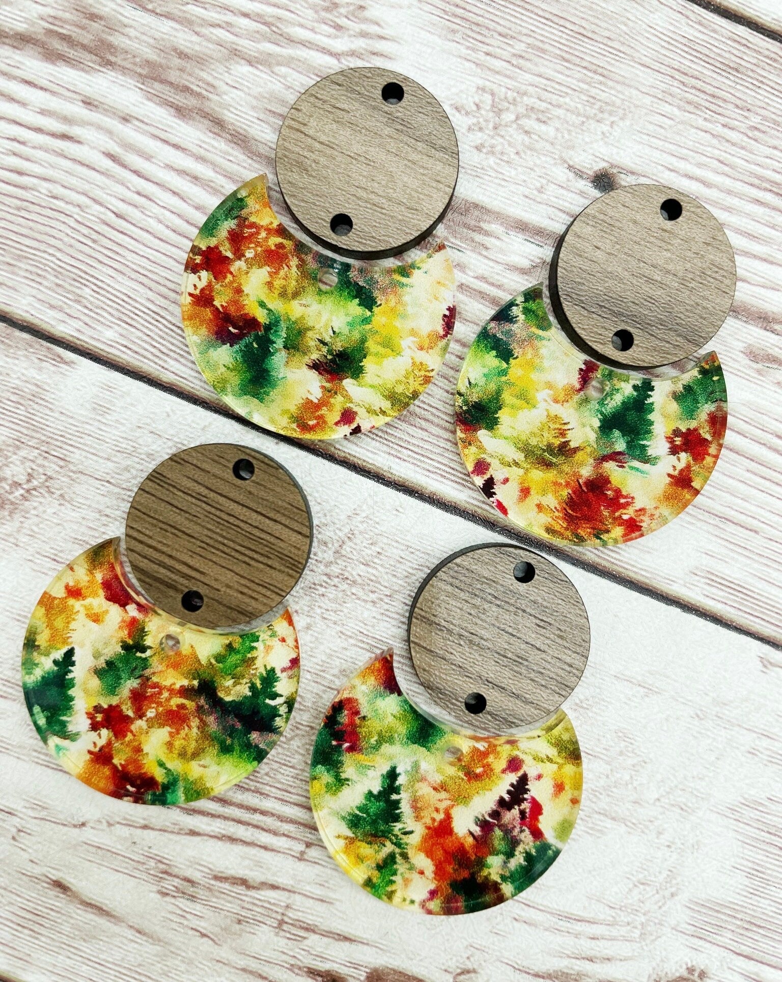 Patterned Fall Tree Forest Acrylic and Wood Circle Set Earring Blanks, DIY Jewelry Making