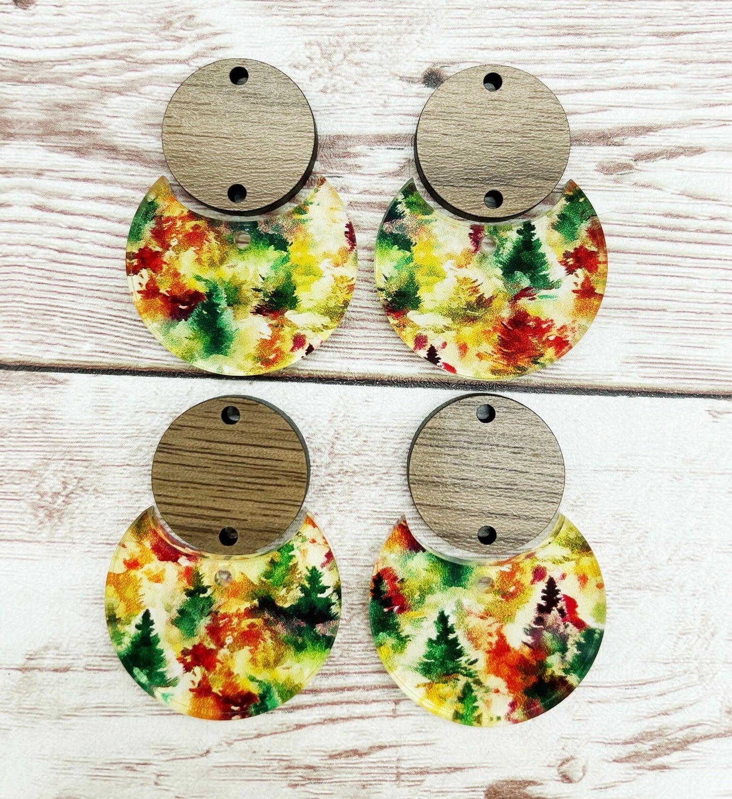 Patterned Fall Tree Forest Acrylic and Wood Circle Set Earring Blanks, DIY Jewelry Making