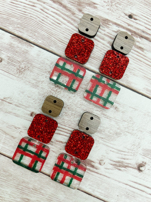 Christmas Red Green Plaid Glitter Acrylic and Wood Square Trio Set Earring Blanks, DIY Jewelry Making