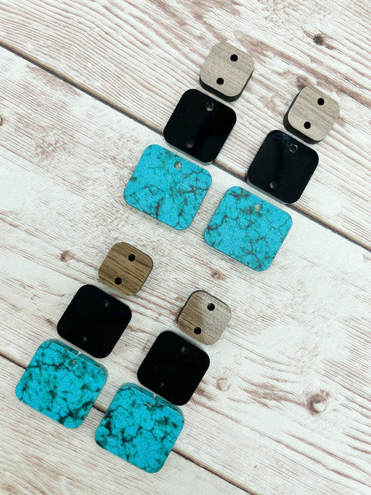 Turquoise Acrylic Black Acrylic and Wood Square Trio Set Earring Blanks, DIY Jewelry Making